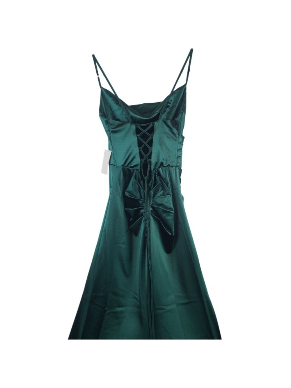 NEW B Darlin Green Satin Ruched Maxi Dress Spaghetti Straps Lace-Up Back Sz 5/6 - Picture 8 of 11